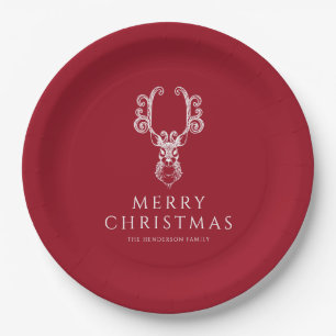 Festive Red Stag Merry Christmas  Paper Plate