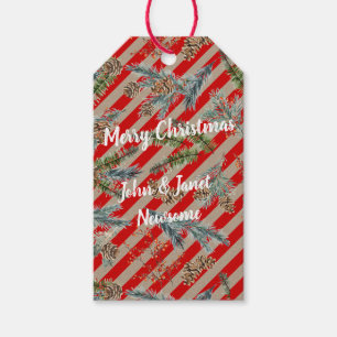 Festive Red Stripe Pine Spruce Cones Kraft Holiday Gift Tags