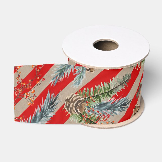 Festive Red Stripe Pine Spruce Cones Kraft Holiday Grosgrain Ribbon (Spool)
