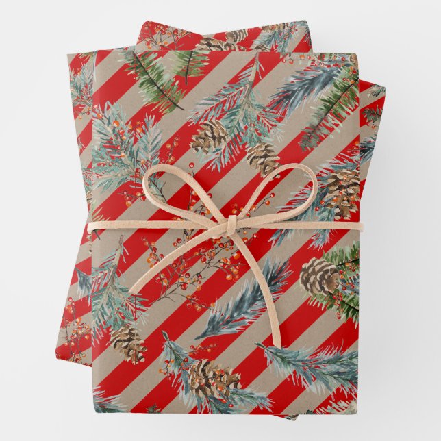 Festive Red Stripe Pine Spruce Cones Kraft Holiday Wrapping Paper Sheet (In situ)
