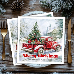 Festive red truck Christmas scene rustic table  Napkin