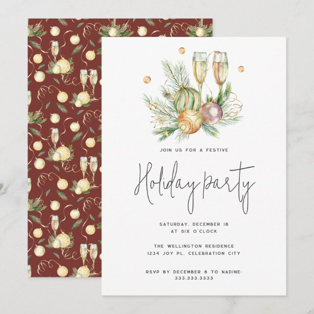 Festive Red Watercolor Champagne Christmas Party Invitation (Front/Back)