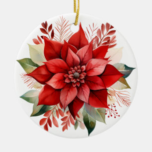 Festive Red Watercolor Christmas Poinsettia Ceramic Ornament