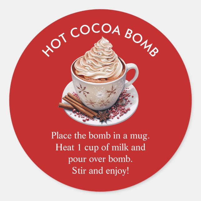 Festive Red Watercolor Hot Cocoa Bomb Classic Round Sticker (Front)