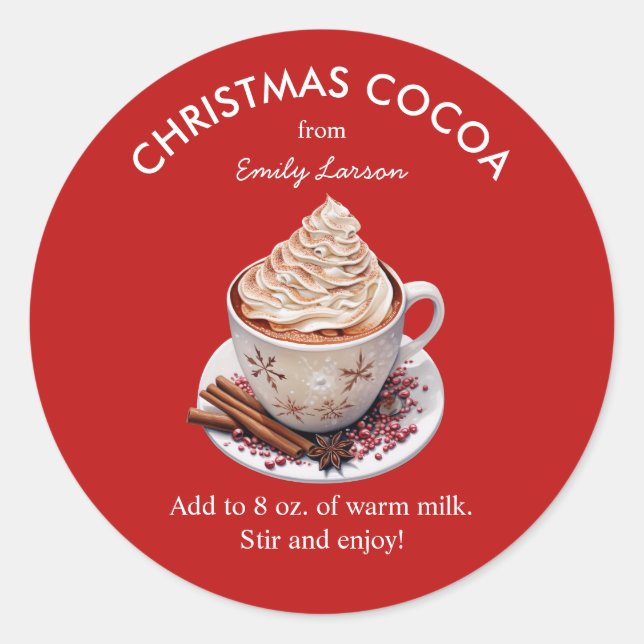 Festive Red Watercolor Hot Cocoa Classic Round Sticker (Front)