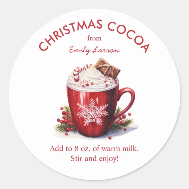 Festive Red Watercolor Hot Cocoa Classic Round Sticker (Front)