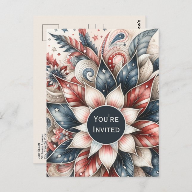 Festive Red White and Blue Party Invitation Postcard (Front/Back)