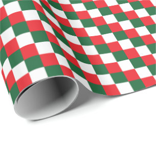 Festive Red, White, and Green Tri-Colour Checks Wrapping Paper