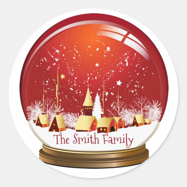Festive Red & White Christmas Village Snow Globe Classic Round Sticker (Front)