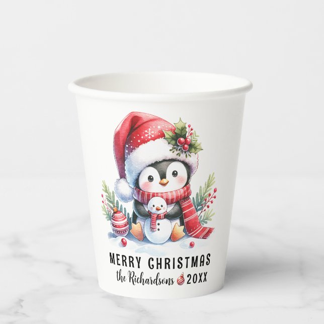 Festive Red White Cute Penguin Merry Christmas Paper Cups (Front)