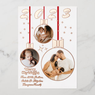 Festive Red White First Christmas 3 Photo Collage Foil Holiday Card