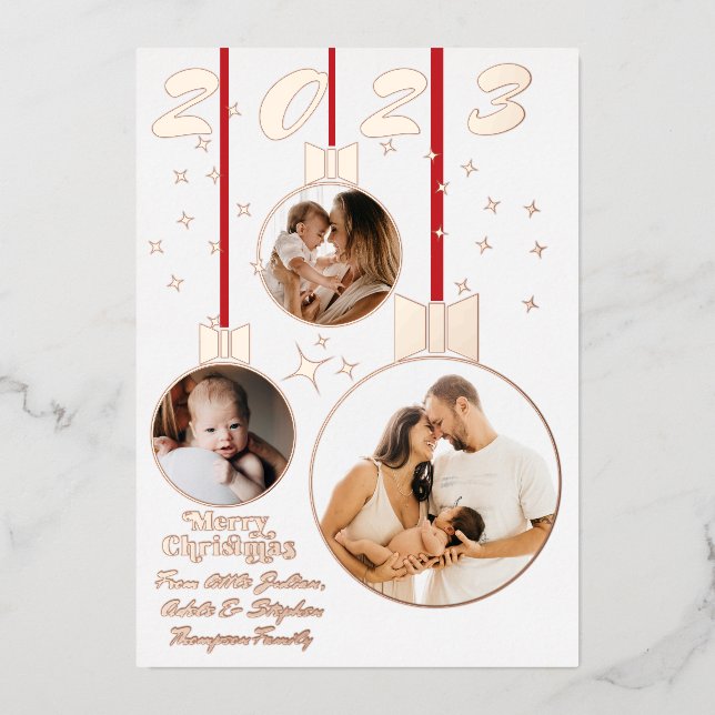 Festive Red White First Christmas 3 Photo Collage Foil Holiday Card (Front)