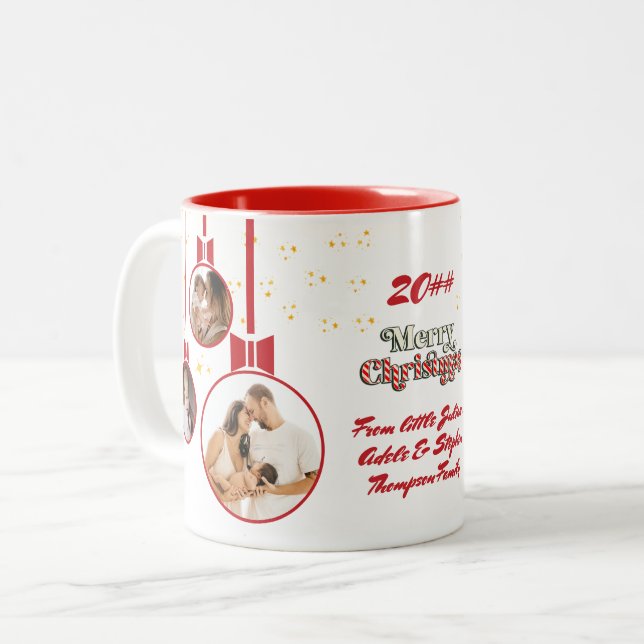 Festive Red White First Christmas 3 Photo Collage Two-Tone Coffee Mug (Front Left)