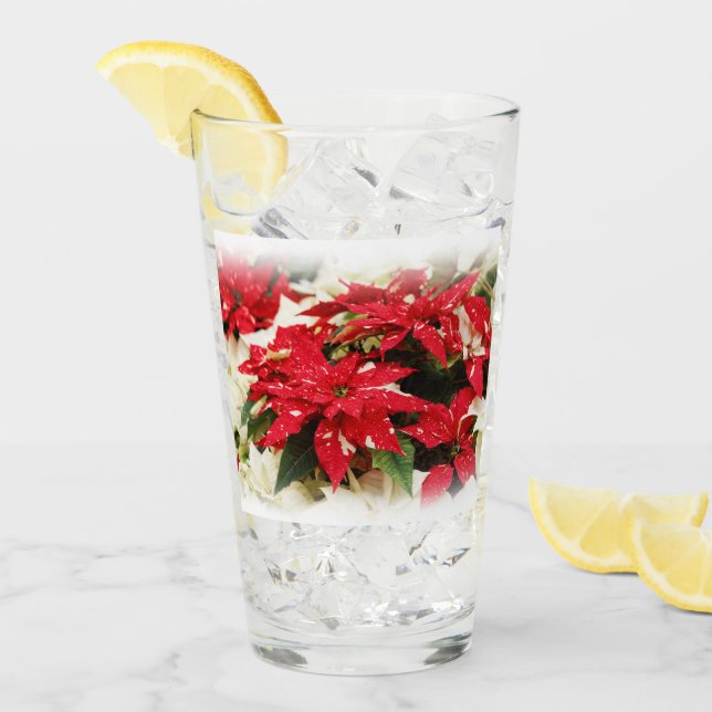 Festive Red White Floral Poinsettia Flowers Glass (Front Ice)