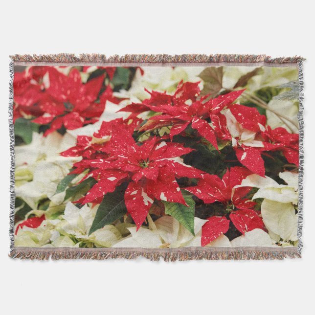 Festive Red White Floral Poinsettias Throw Blanket (Front)