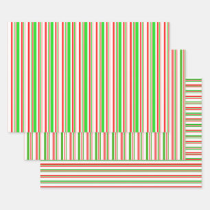 Festive Red, White, Green Christmas Style Lines Wrapping Paper Sheet