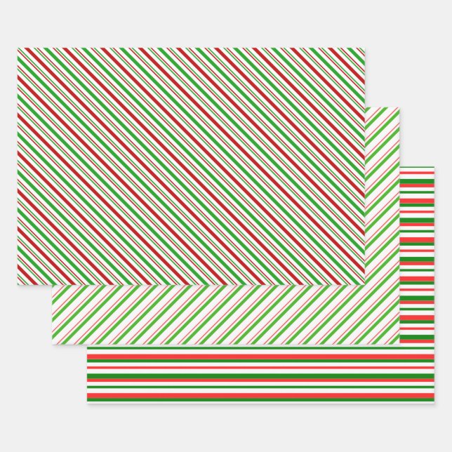 Festive Red, White, Green Christmas Style Patterns Wrapping Paper Sheet (Set)