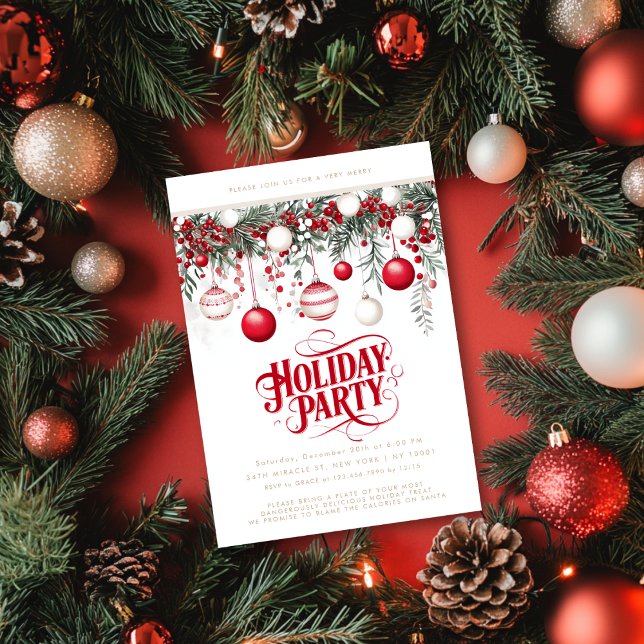 Festive Red White Ornaments Baubles Holiday Party Invitation (Creator Uploaded)