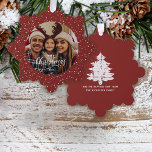 Festive Red White Snow Merry Christmas Photo Ornament Card<br><div class="desc">Your favourite family photo against a festive red with a flurry of white snow background pattern.  Merry Christmas in a modern calligraphy script just the touch for a unique gift and keepsake for all your best wishes during this holiday season.</div>