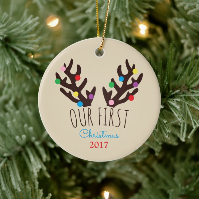 Festive Reindeer Antlers, Our First Christmas Chri Ceramic Ornament (Tree)