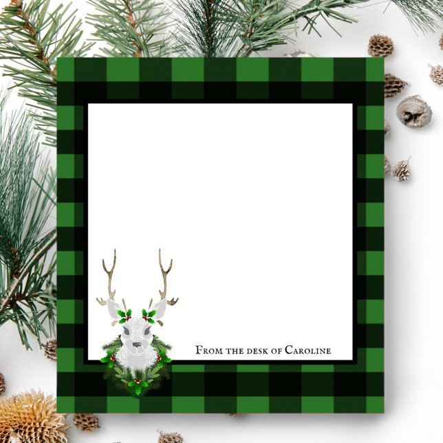 Festive Reindeer Buffalo Plaid Personalized Notepad (Black and Green Festive Reindeer Buffalo Plaid Personalized Notepad)