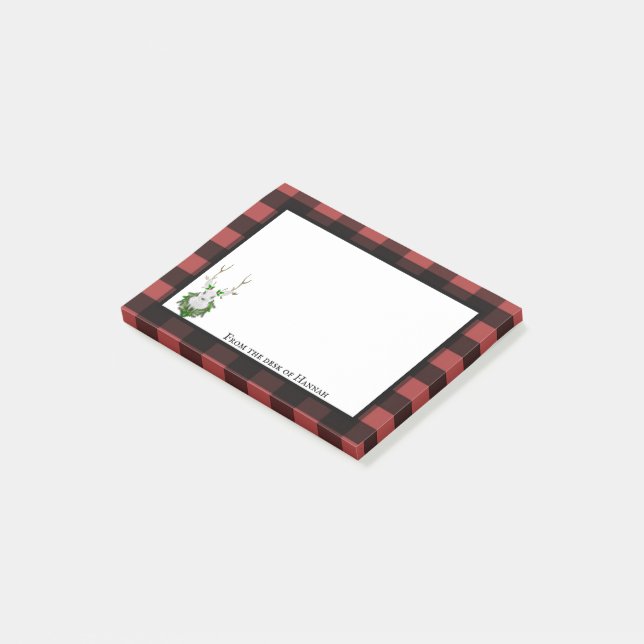 Festive Reindeer Buffalo Plaid Personalized Post-it Notes (Angled)