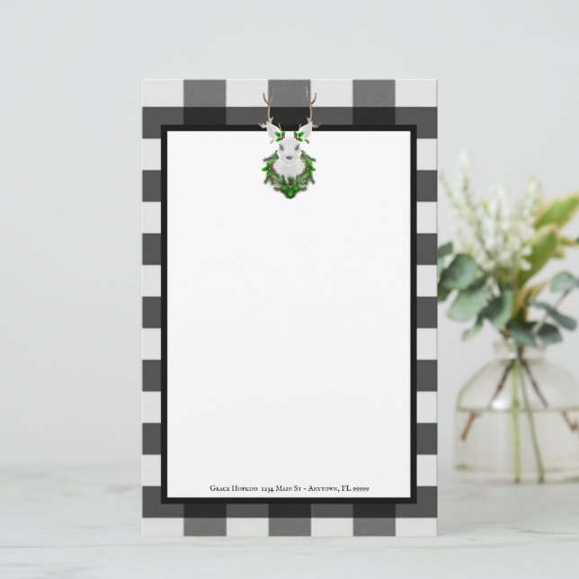 Festive Reindeer Buffalo Plaid Personalized Stationery (Standing Front)