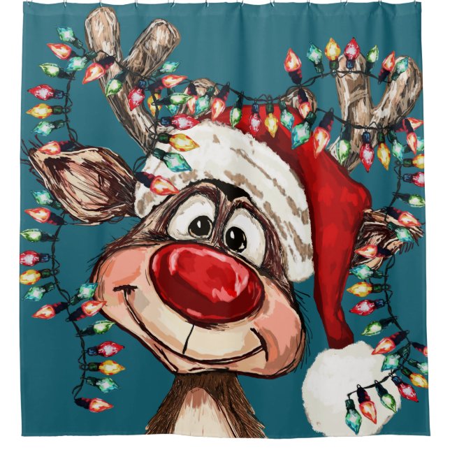 Festive Reindeer Christmas Shower Curtain (Front)