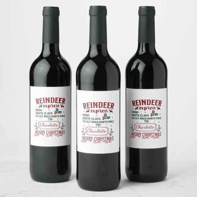 Festive reindeer express greeting from Santa Claus Wine Label (Bottles)
