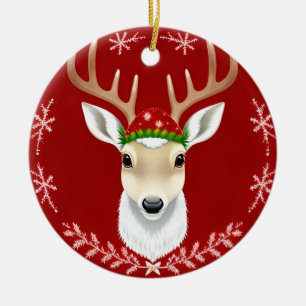 Festive Reindeer Illustration with Red Background Ceramic Ornament