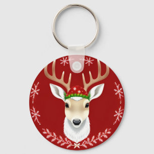 Festive Reindeer Illustration with Red Background Keychain
