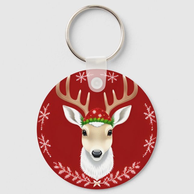 Festive Reindeer Illustration with Red Background Keychain (Front)