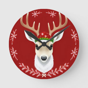Festive Reindeer Illustration with Red Background Round Clock
