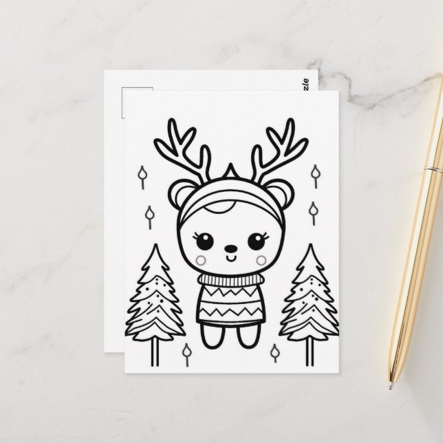 Festive reindeer kids colouring postcard (Front/Back In Situ)