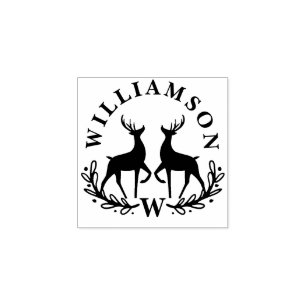 Festive Reindeer Laurel Wreath Family Monogram Rubber Stamp