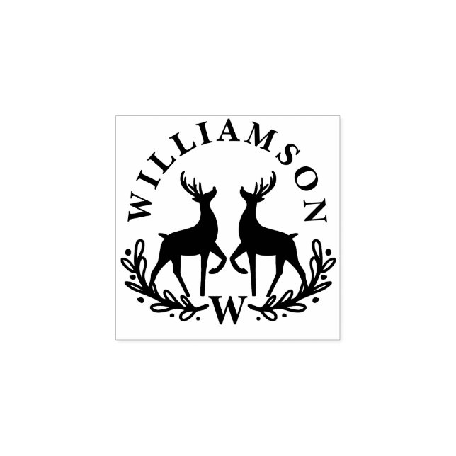 Festive Reindeer Laurel Wreath Family Monogram Rubber Stamp (Imprint)
