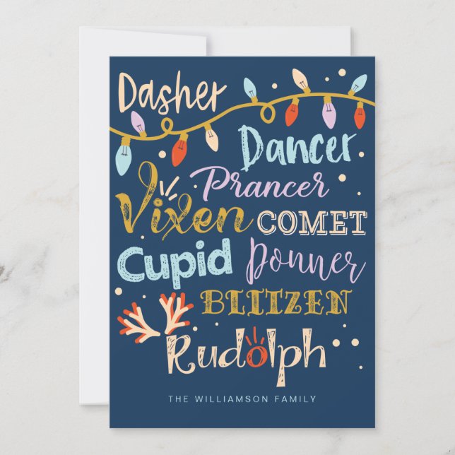 Festive Reindeer & Lights Typographic Christmas Holiday Card (Front)