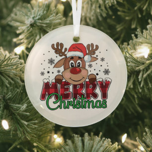 Festive Reindeer, Merry Christmas Glass Ornament