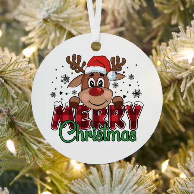 Festive Reindeer, Merry Christmas Metal Ornament (Insitu)