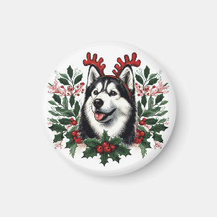 Festive Reindeer Siberian Husky Dog Christmas Magnet