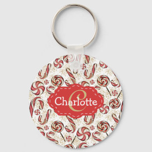 Festive Retro Candy Canes Pattern Monogram Keychain