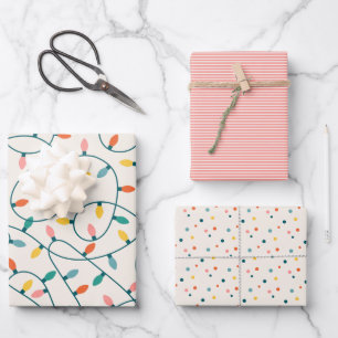 Festive Retro Christmas Lights Stripes Dots Wrapping Paper Sheet