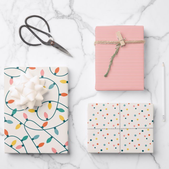 Festive Retro Christmas Lights Stripes Dots Wrapping Paper Sheet (Front)