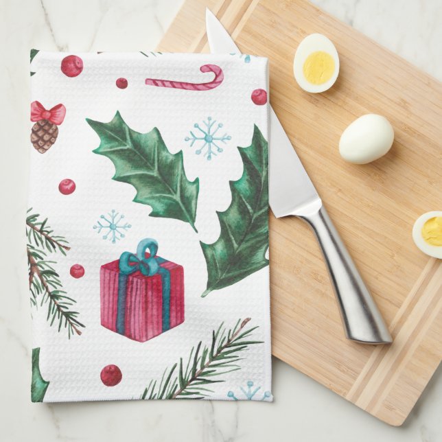 Festive Retro Christmas Mistletoe Pattern Kitchen Towel (Quarter Fold)