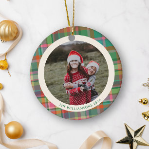 Festive Retro Christmas Plaid Cute Preppy Photo Ceramic Ornament
