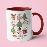 Festive Retro Merry Christmas Personalized Name Mug<br><div class="desc">Festive Retro Merry Christmas Personalized Name Holiday Coffee Mug features the text "Merry Christmas" in modern script typography accented with a festive reindeer, Christmas trees, Santa, Snowman and drinks with your personalized name below. Perfect for Christmas gifts, Christmas parties and holiday celebrations, birthdays and more. Created by Evco Studio www.zazzle.com/store/evcostudio...</div>