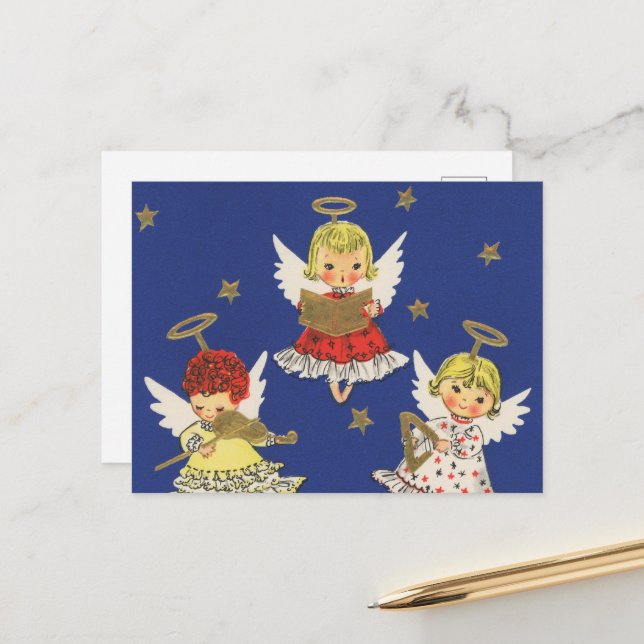 festive retro vintage Christmas Angels Holiday Postcard (Front/Back In Situ)