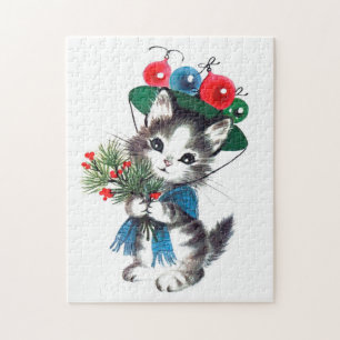 festive retro vintage Christmas cat Holiday Jigsaw Puzzle