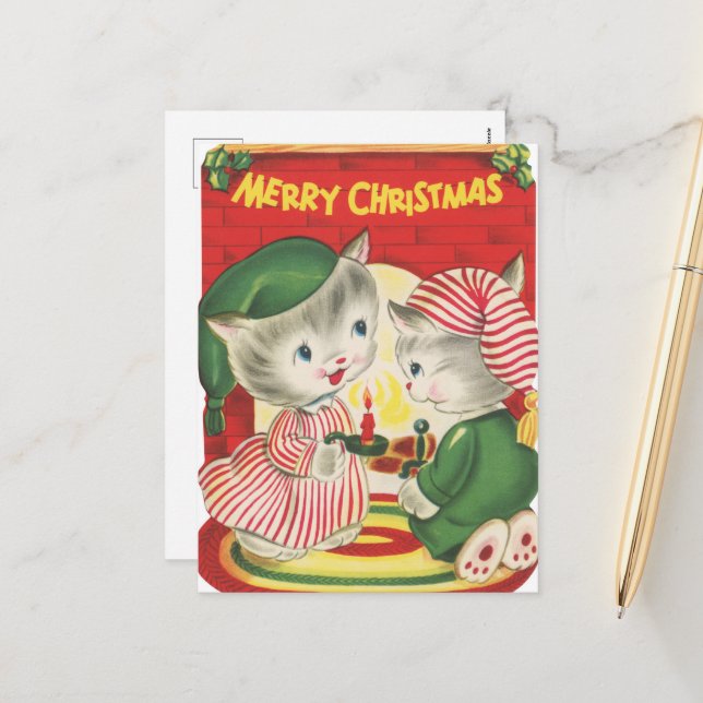 festive retro vintage Christmas cats Holiday Postcard (Front/Back In Situ)