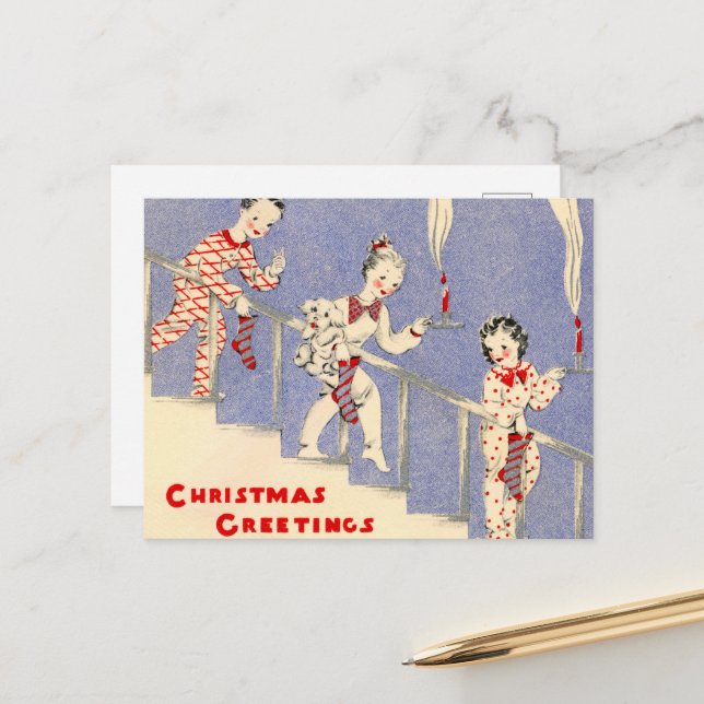 festive retro vintage Christmas kids Holiday Postcard (Front/Back In Situ)